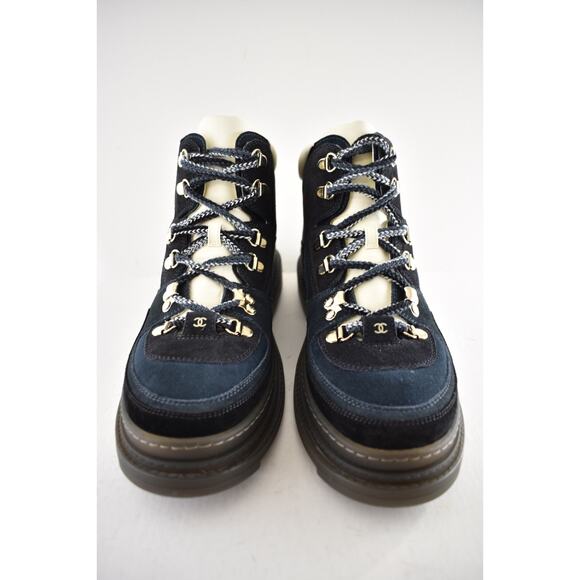 Chanel 23C Blue Black CC Combat Lace Up Tie Ankle Short Hiking Ski Snow Boots 42 - Picture 6 of 16